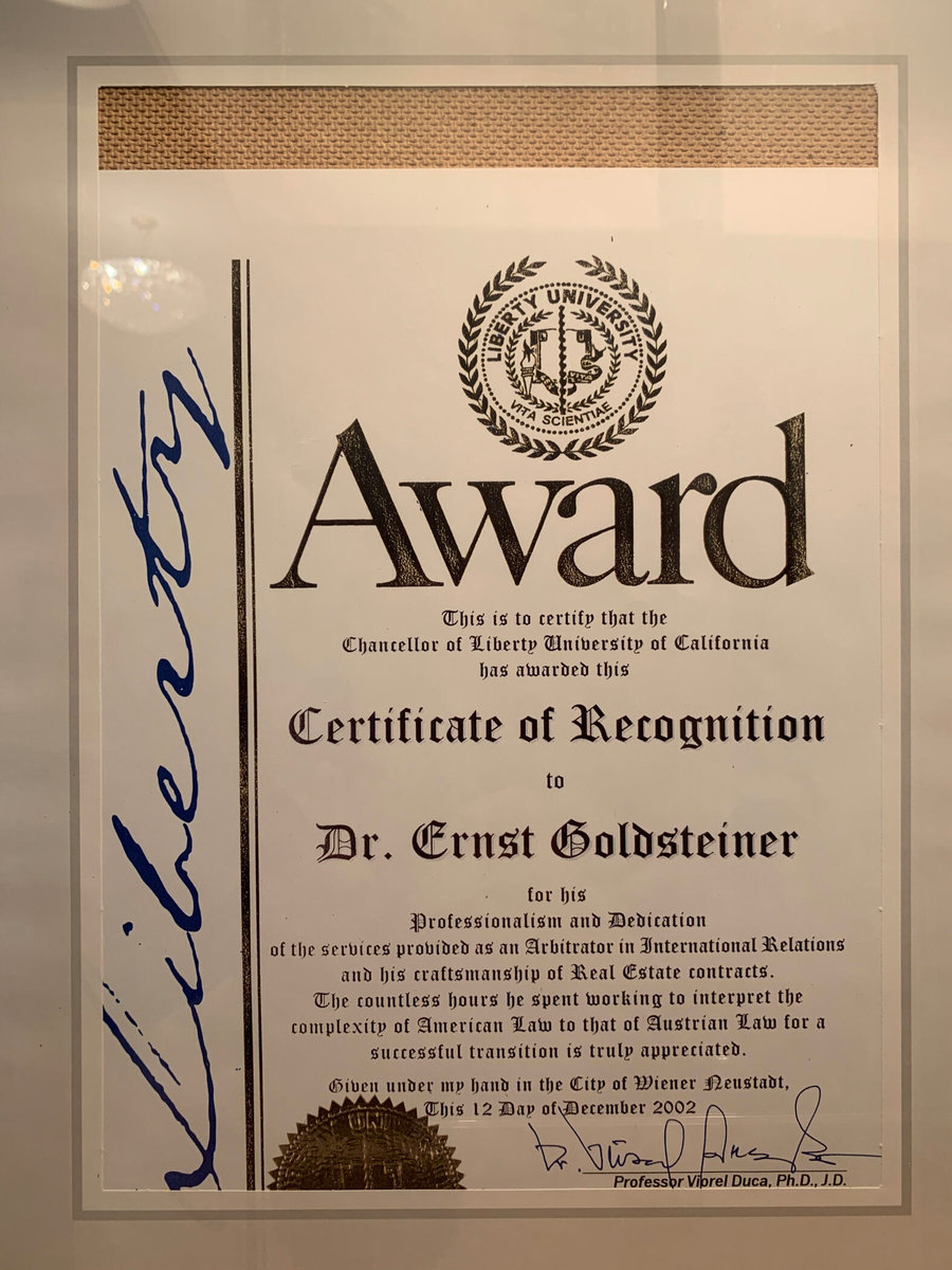 Certificate of Recognition von der Liberty University
